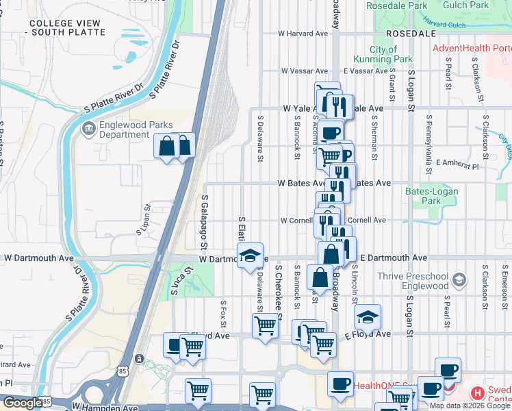 map of restaurants, bars, coffee shops, grocery stores, and more near 2959 South Delaware Street in Englewood