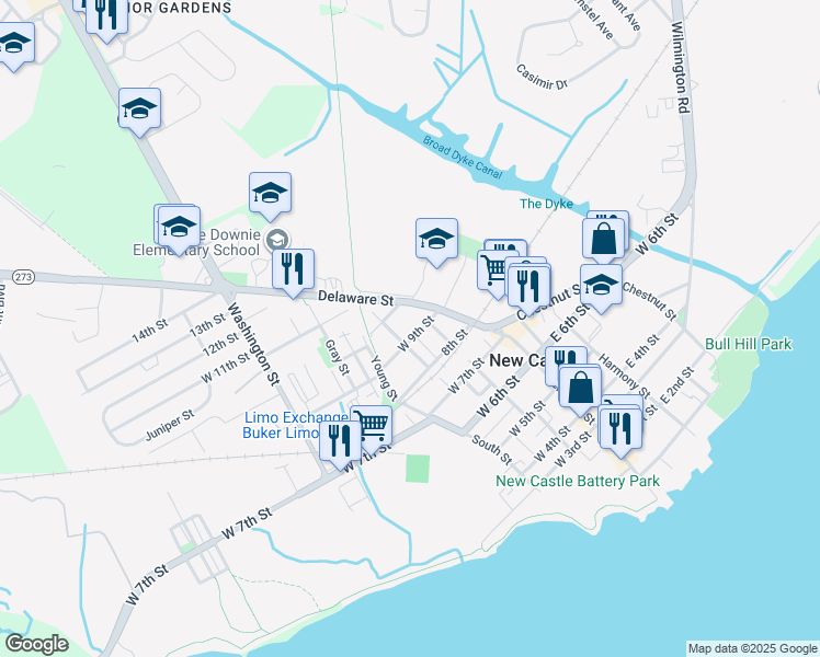 map of restaurants, bars, coffee shops, grocery stores, and more near 10 West 9th Street in New Castle