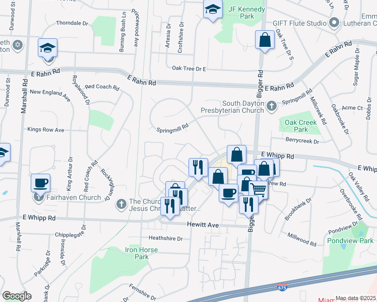map of restaurants, bars, coffee shops, grocery stores, and more near 2095 Valley Green Drive in Dayton