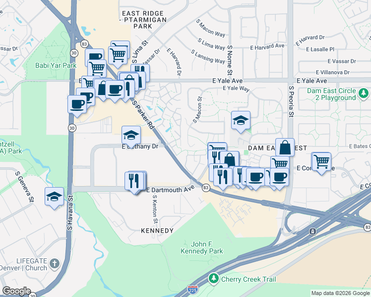 map of restaurants, bars, coffee shops, grocery stores, and more near 2973 South Macon Street in Aurora