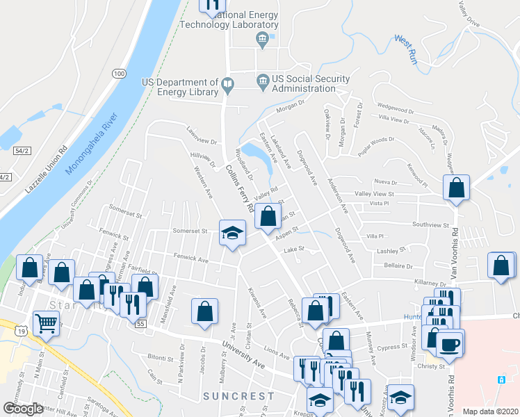 map of restaurants, bars, coffee shops, grocery stores, and more near 509 Martin Street in Morgantown