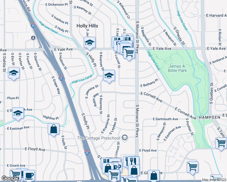 map of restaurants, bars, coffee shops, grocery stores, and more near 6381 East Cornell Avenue in Denver