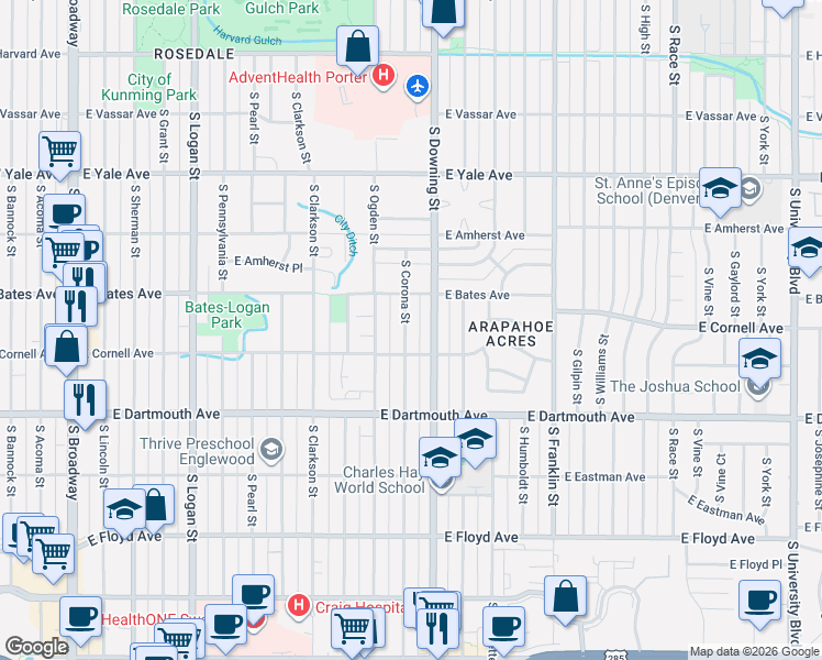 map of restaurants, bars, coffee shops, grocery stores, and more near 2960 South Corona Street in Englewood