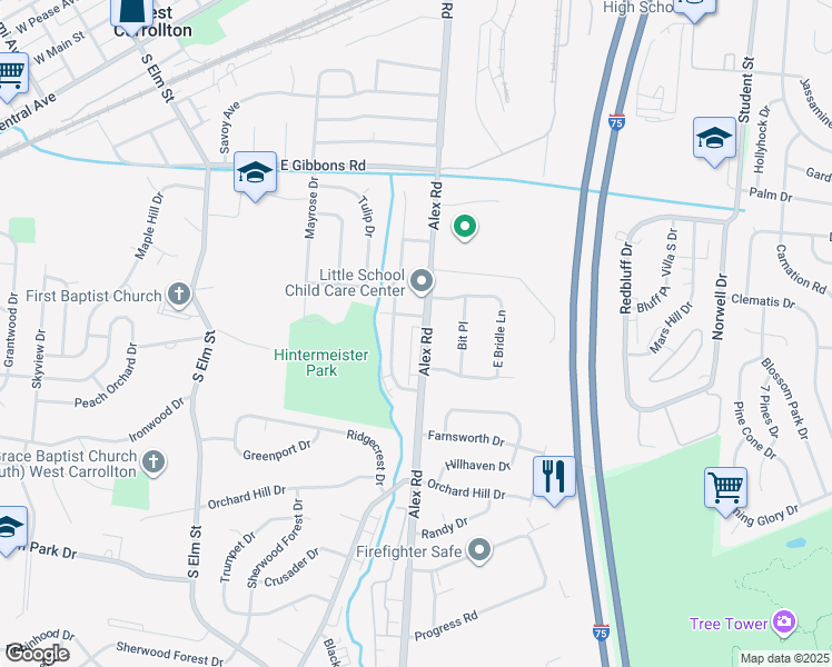 map of restaurants, bars, coffee shops, grocery stores, and more near 1132 South Alex Road in Dayton