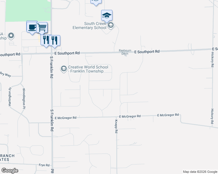 map of restaurants, bars, coffee shops, grocery stores, and more near 8750 East McGregor Road in Indianapolis