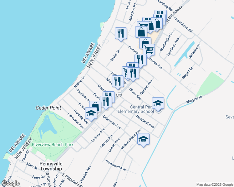 map of restaurants, bars, coffee shops, grocery stores, and more near 151 North Broadway in Pennsville
