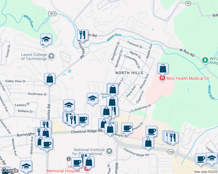 map of restaurants, bars, coffee shops, grocery stores, and more near 1332 Pineview Drive in Morgantown