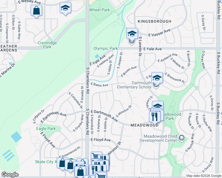 map of restaurants, bars, coffee shops, grocery stores, and more near 15581 E Cornell Ave in Aurora
