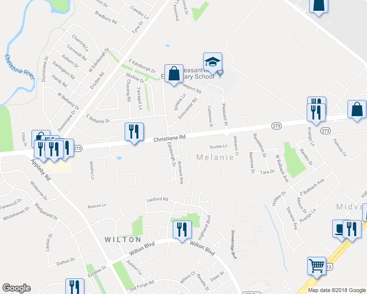 map of restaurants, bars, coffee shops, grocery stores, and more near 12 Heather Lane in New Castle