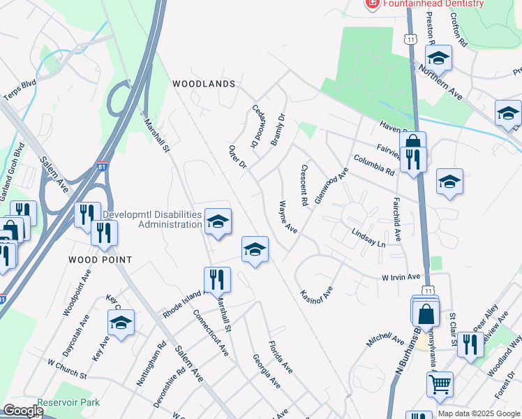 map of restaurants, bars, coffee shops, grocery stores, and more near 1147 Outer Drive in Hagerstown