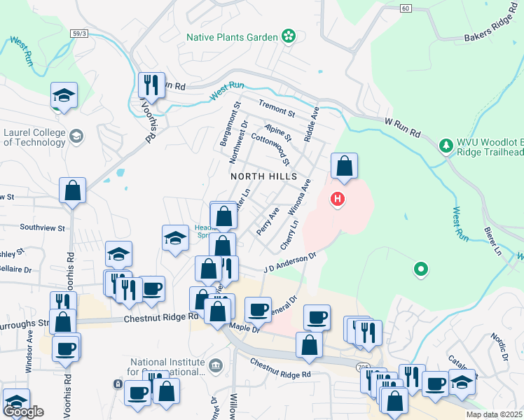 map of restaurants, bars, coffee shops, grocery stores, and more near 1337 Riddle Avenue in Morgantown