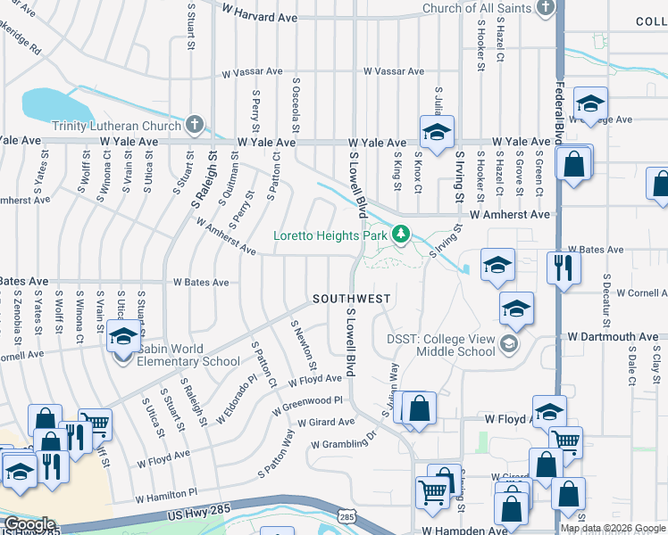 map of restaurants, bars, coffee shops, grocery stores, and more near 2830 South Mabry Court in Denver