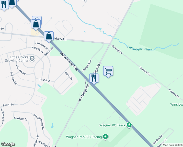 map of restaurants, bars, coffee shops, grocery stores, and more near 109 East Malaga Road in Monroe