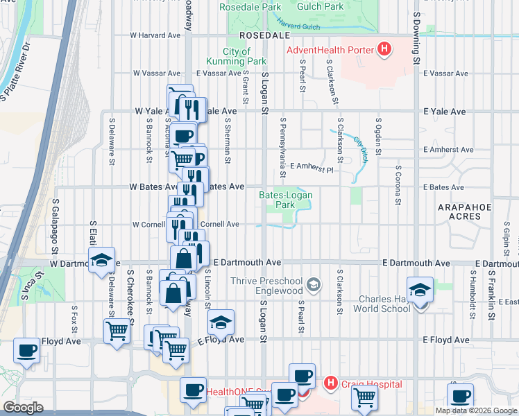 map of restaurants, bars, coffee shops, grocery stores, and more near 2957 South Logan Street in Englewood