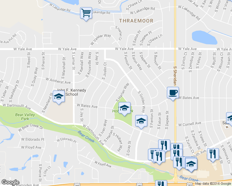 map of restaurants, bars, coffee shops, grocery stores, and more near 2812 South Ivan Way in Denver