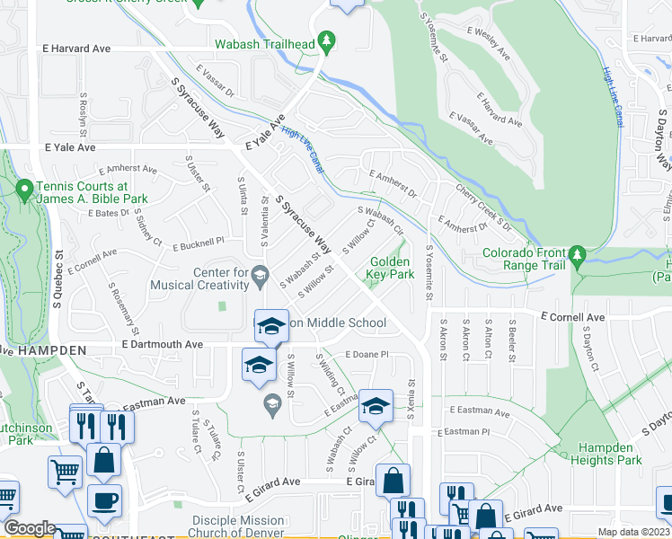 map of restaurants, bars, coffee shops, grocery stores, and more near 2950 South Willow Street in Denver
