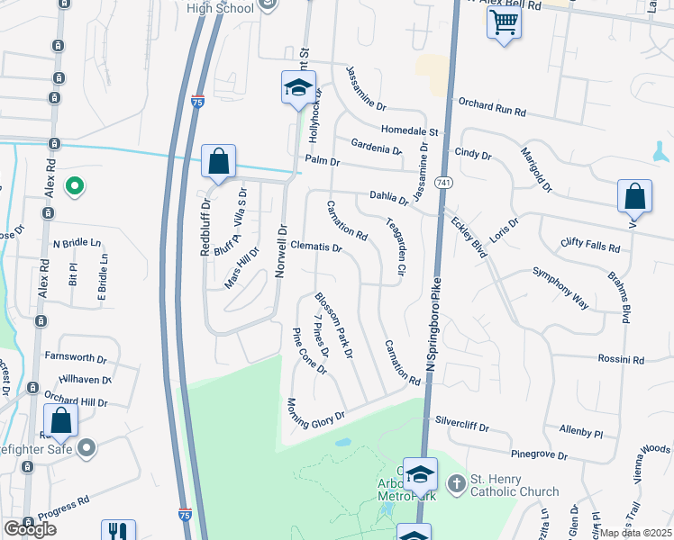 map of restaurants, bars, coffee shops, grocery stores, and more near 3485 Cottage Point Way in Dayton