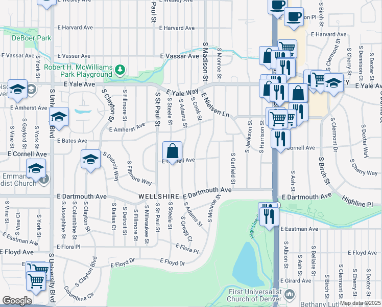 map of restaurants, bars, coffee shops, grocery stores, and more near 2991 South Cook Street in Denver