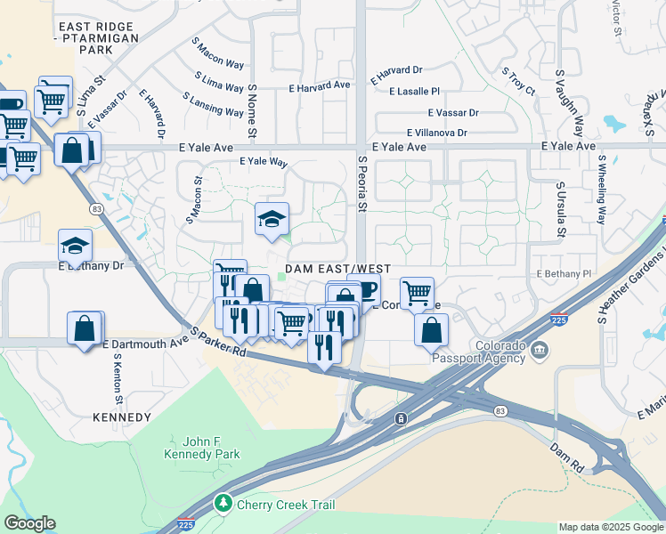 map of restaurants, bars, coffee shops, grocery stores, and more near 11930 East Bates Circle in Aurora