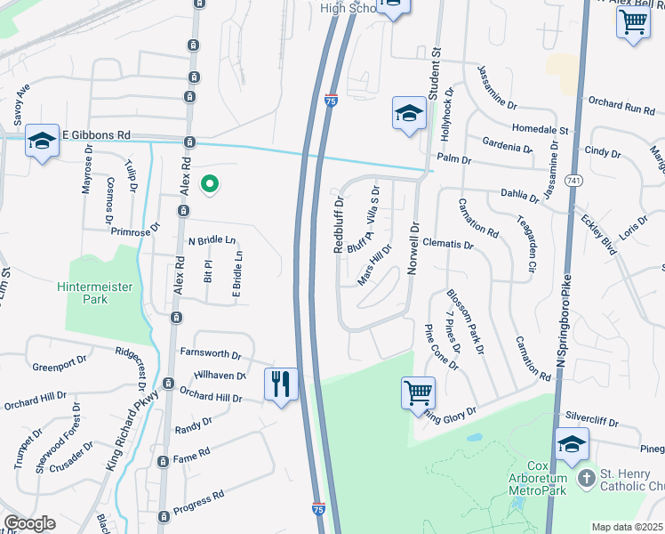 map of restaurants, bars, coffee shops, grocery stores, and more near 1171 Redbluff Drive in Dayton
