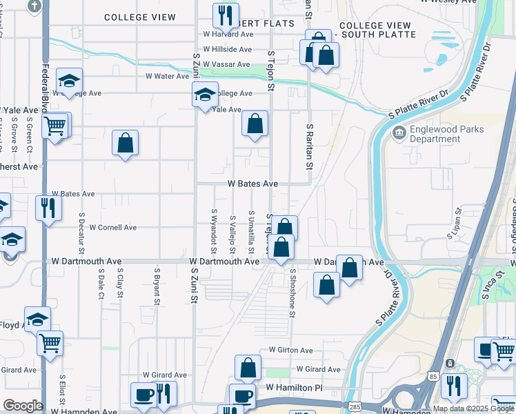 map of restaurants, bars, coffee shops, grocery stores, and more near 2960 South Umatilla Street in Englewood