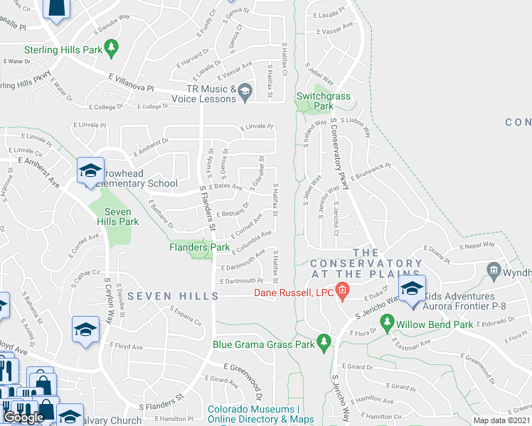 map of restaurants, bars, coffee shops, grocery stores, and more near 19930 East Cornell Avenue in Aurora