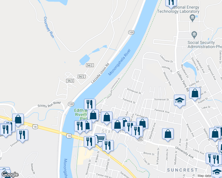 map of restaurants, bars, coffee shops, grocery stores, and more near 1101 University Commons Drive in Star City