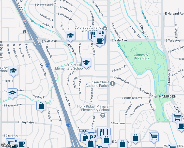 map of restaurants, bars, coffee shops, grocery stores, and more near 6381 East Cornell Avenue in Denver