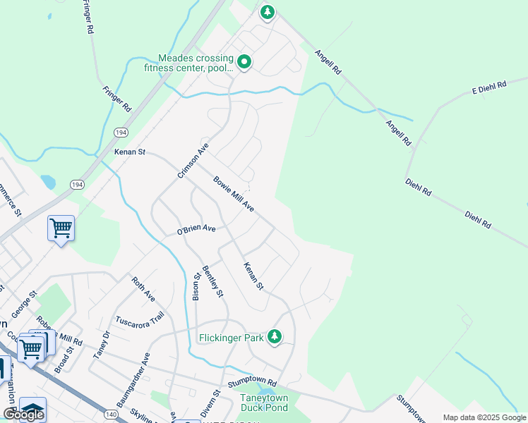 map of restaurants, bars, coffee shops, grocery stores, and more near 38 Bowie Mill Avenue in Taneytown