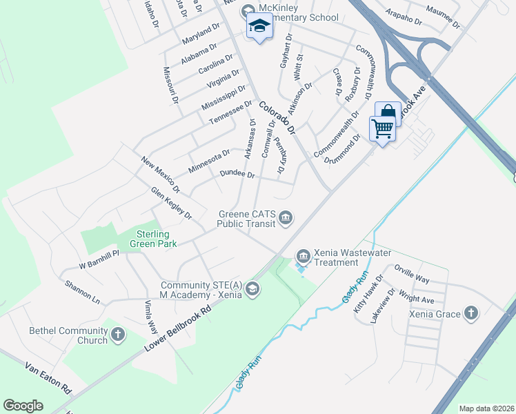 map of restaurants, bars, coffee shops, grocery stores, and more near 2160 Windsor Drive in Xenia