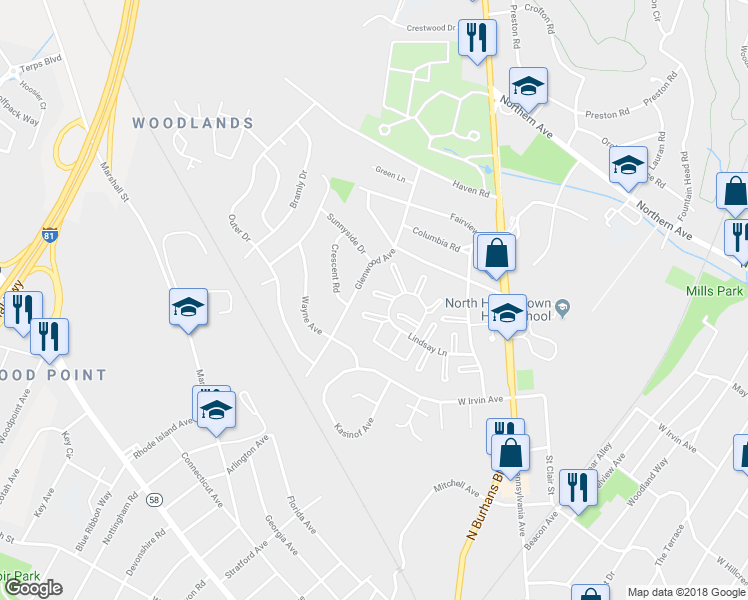 map of restaurants, bars, coffee shops, grocery stores, and more near 1265 Lindsay Lane in Hagerstown