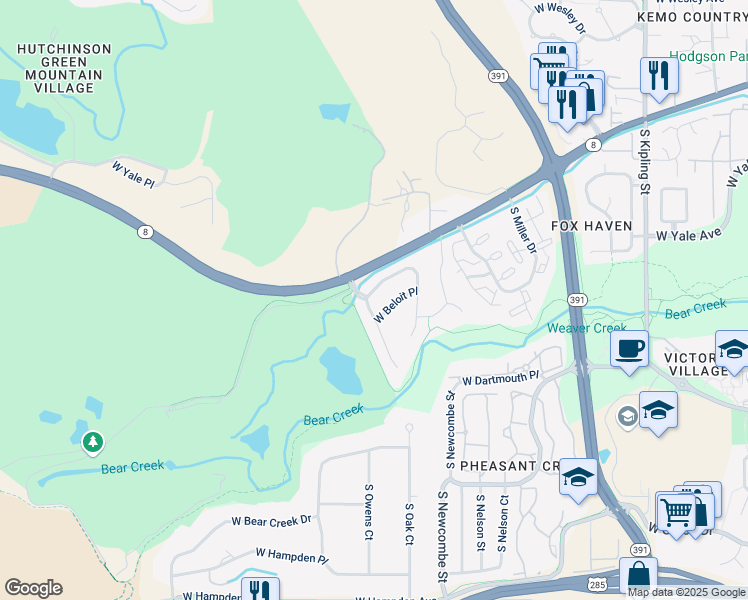 map of restaurants, bars, coffee shops, grocery stores, and more near 2831 South Newcombe Way in Lakewood