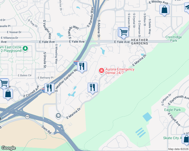 map of restaurants, bars, coffee shops, grocery stores, and more near 13791 East Marina Drive in Aurora