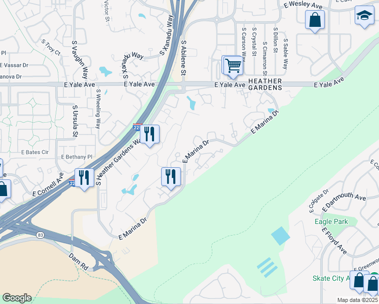 map of restaurants, bars, coffee shops, grocery stores, and more near in Denver