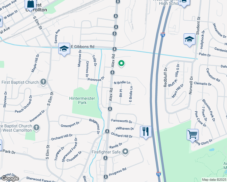 map of restaurants, bars, coffee shops, grocery stores, and more near 1132 South Alex Road in Dayton