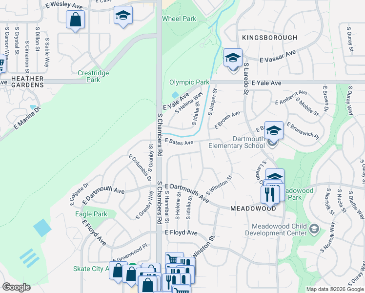 map of restaurants, bars, coffee shops, grocery stores, and more near 15459 East Cornell Avenue in Aurora