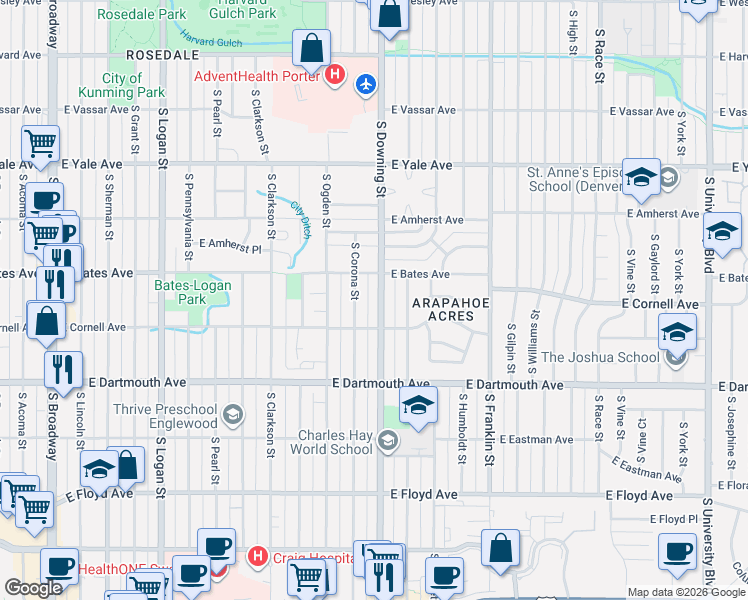 map of restaurants, bars, coffee shops, grocery stores, and more near 2960 South Corona Street in Englewood