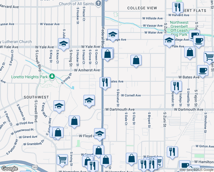 map of restaurants, bars, coffee shops, grocery stores, and more near 2940 South Federal Boulevard in Denver