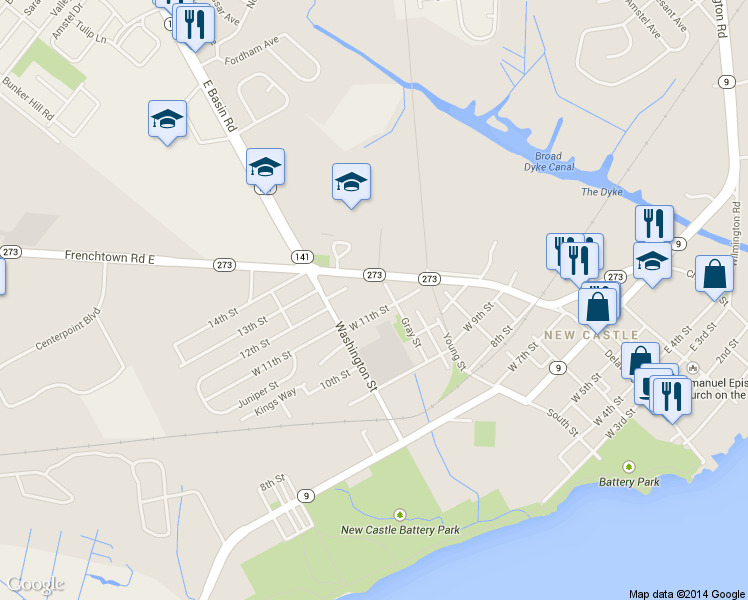 map of restaurants, bars, coffee shops, grocery stores, and more near 618 West 11th Street in New Castle