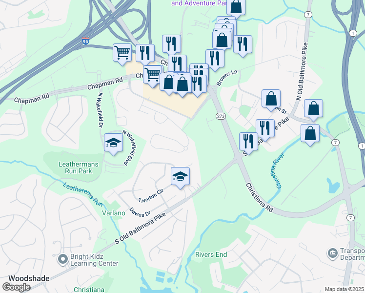 map of restaurants, bars, coffee shops, grocery stores, and more near 36 South Old Baltimore Pike in Newark