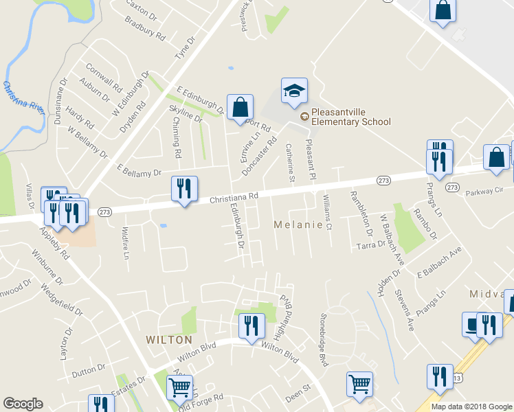 map of restaurants, bars, coffee shops, grocery stores, and more near 99 Heather Lane in New Castle