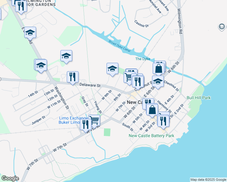 map of restaurants, bars, coffee shops, grocery stores, and more near 7 North Street in New Castle