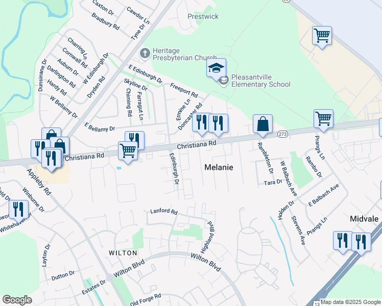 map of restaurants, bars, coffee shops, grocery stores, and more near 12 Heather Lane in New Castle