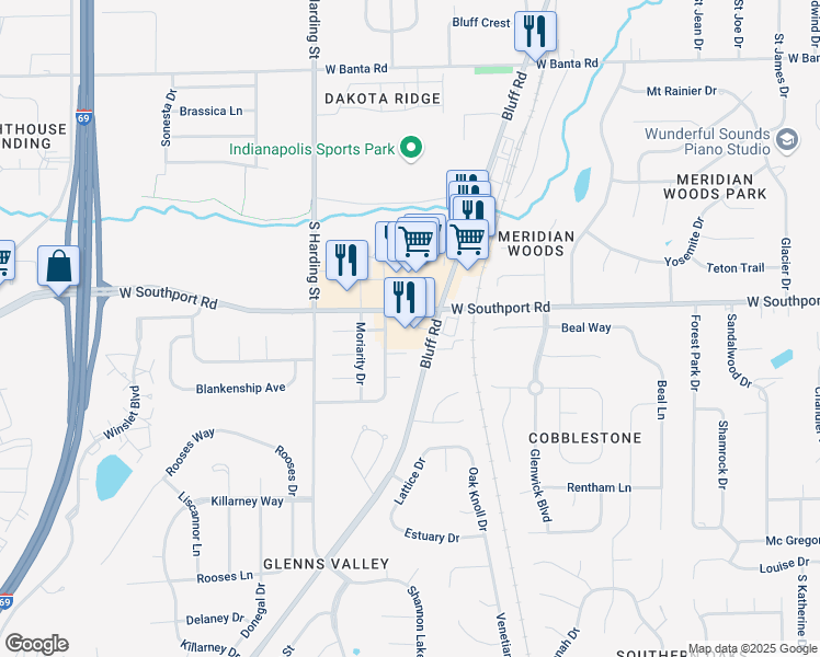 map of restaurants, bars, coffee shops, grocery stores, and more near 1345 West Southport Road in Indianapolis