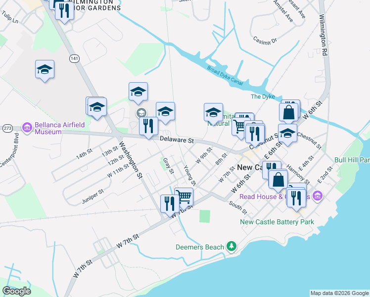 map of restaurants, bars, coffee shops, grocery stores, and more near 106 10th Street in New Castle