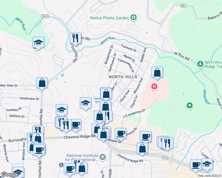map of restaurants, bars, coffee shops, grocery stores, and more near 1329 Hunter Lane in Morgantown