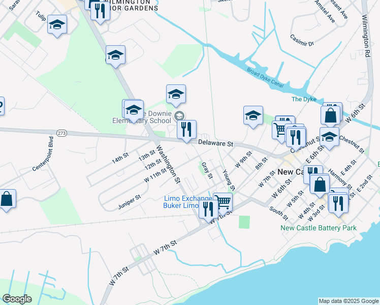 map of restaurants, bars, coffee shops, grocery stores, and more near 610 West 11th Street in New Castle