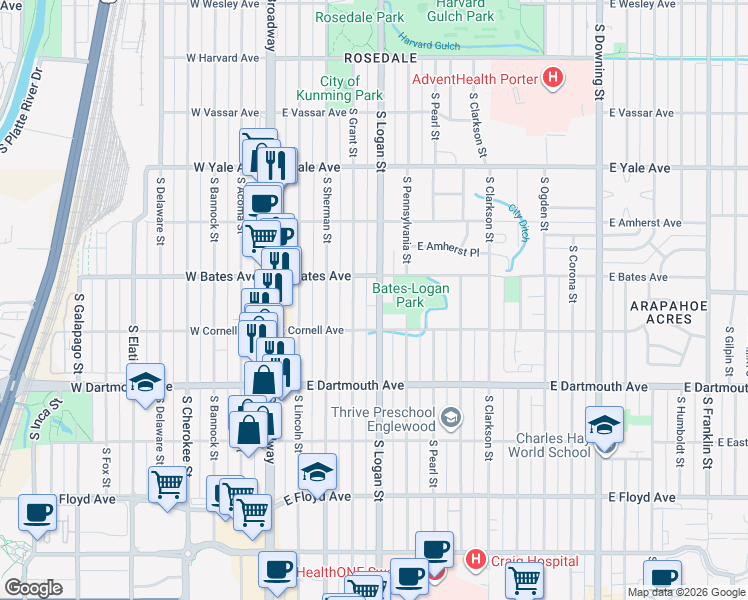 map of restaurants, bars, coffee shops, grocery stores, and more near 2957 South Logan Street in Englewood