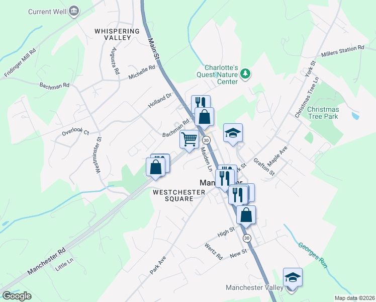 map of restaurants, bars, coffee shops, grocery stores, and more near 3000 Manchester Road in Manchester
