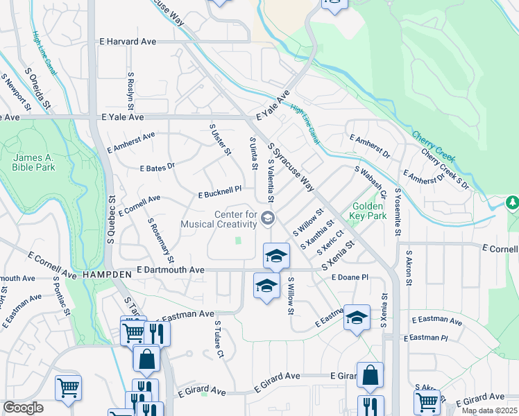 map of restaurants, bars, coffee shops, grocery stores, and more near 8101 East Dartmouth Avenue in Denver